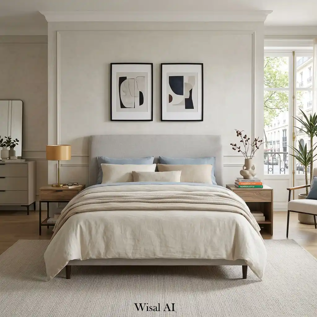 Balanced bedroom layout with symmetrical furniture and calm structure