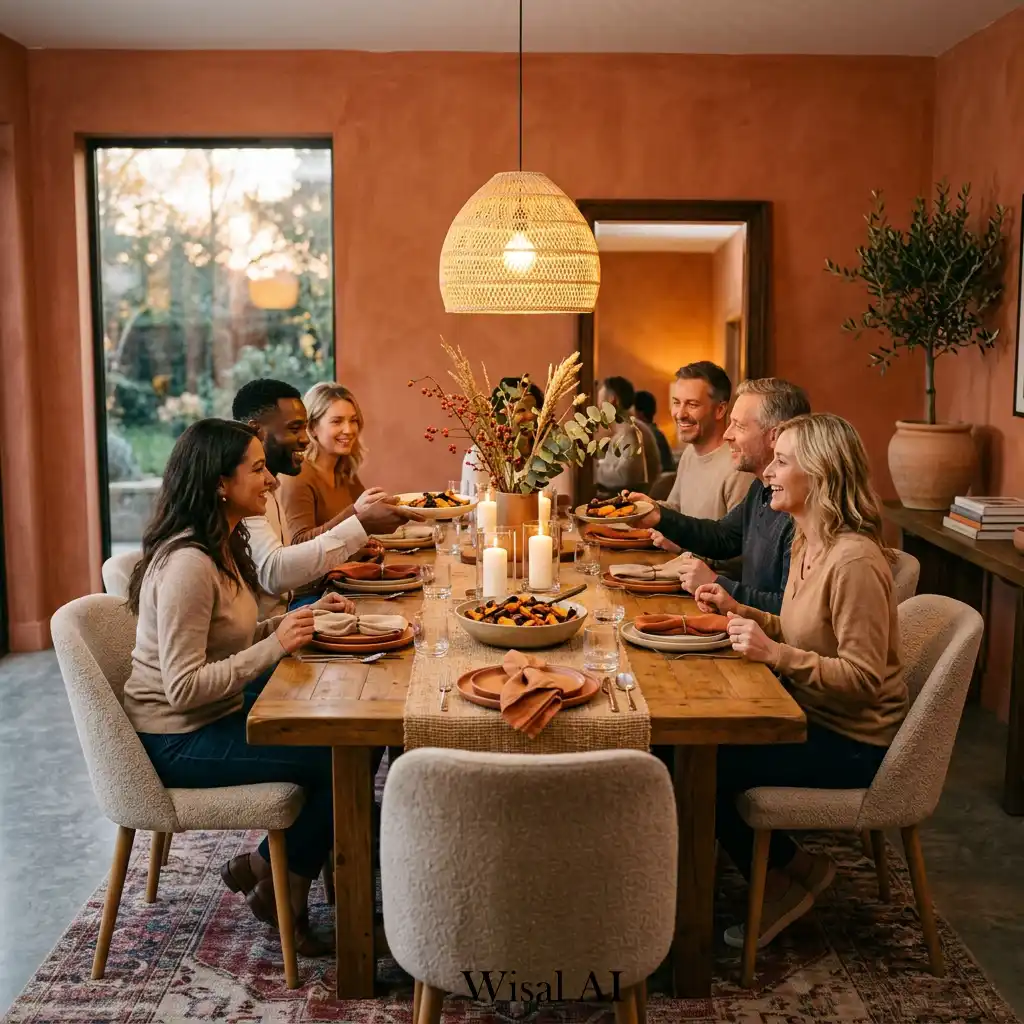 Cozy dining room with terracotta tones and warm lighting