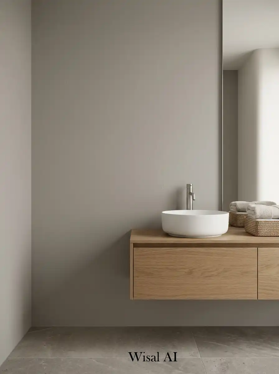 Minimal bathroom with warm gray walls linen white finishes and soft modern spa-inspired interior aesthetic.