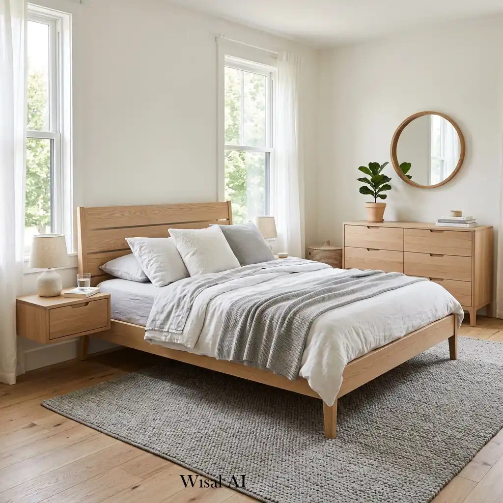 Scandinavian white oak bedroom with minimalist furniture and natural décor.