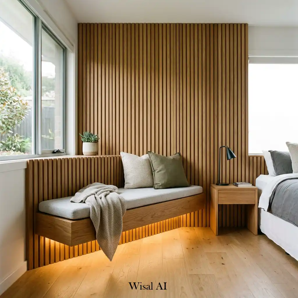 Wood slat accent wall with a built-in floating bench and ambient lighting.
