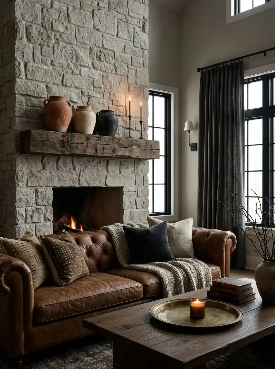 22. Intimate Gatherings by a Dramatic Mantel Farmhouse Living Room Idea