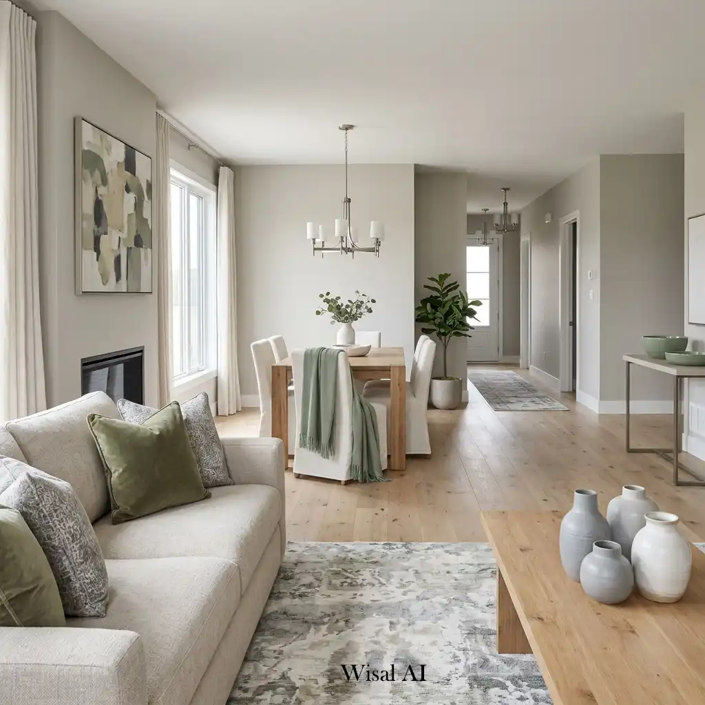 Modern home interior featuring a cohesive neutral color palette flowing seamlessly between rooms.