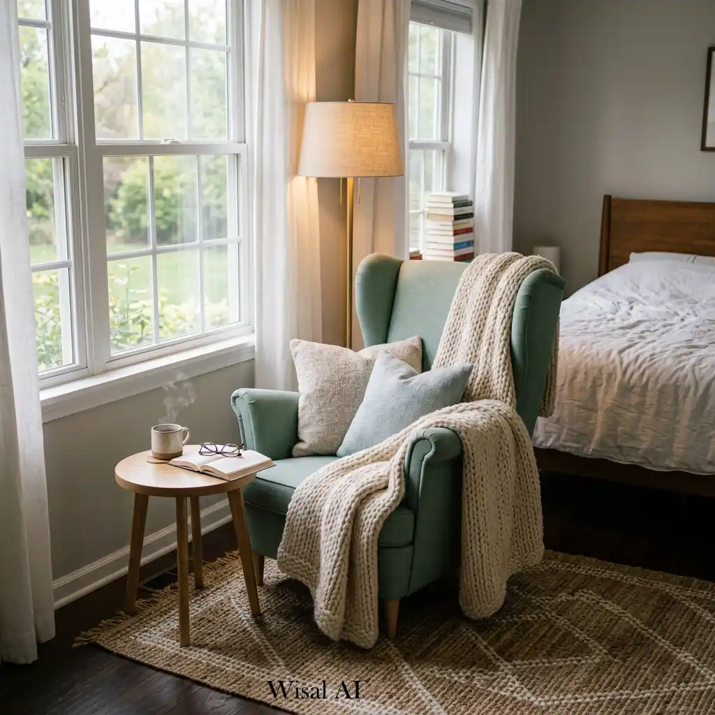 Cozy bedroom reading nook with an upholstered chair beside a large window.