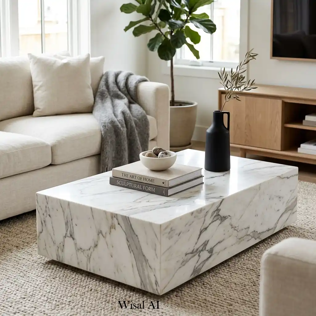 White marble coffee table styled with books and ceramic accessories.