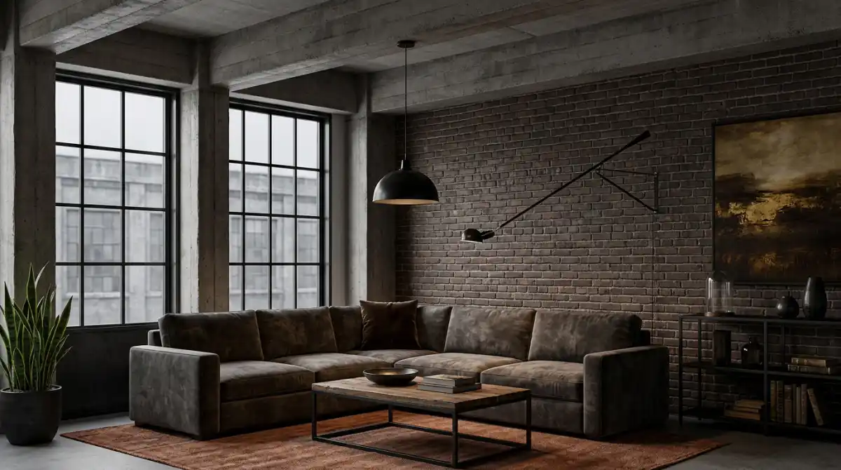 22. A Moody Industrial Living Room Idea: Concrete, Wood, and Artful Shadows