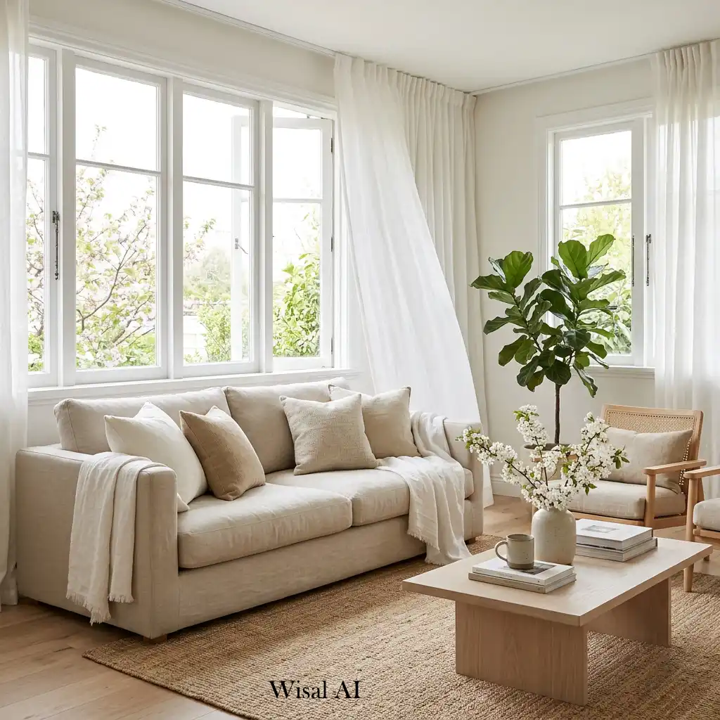 Airy living room featuring soft linen upholstery in neutral tones.