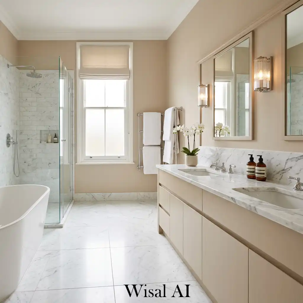 Beige bathroom with white marble and elegant luxury design