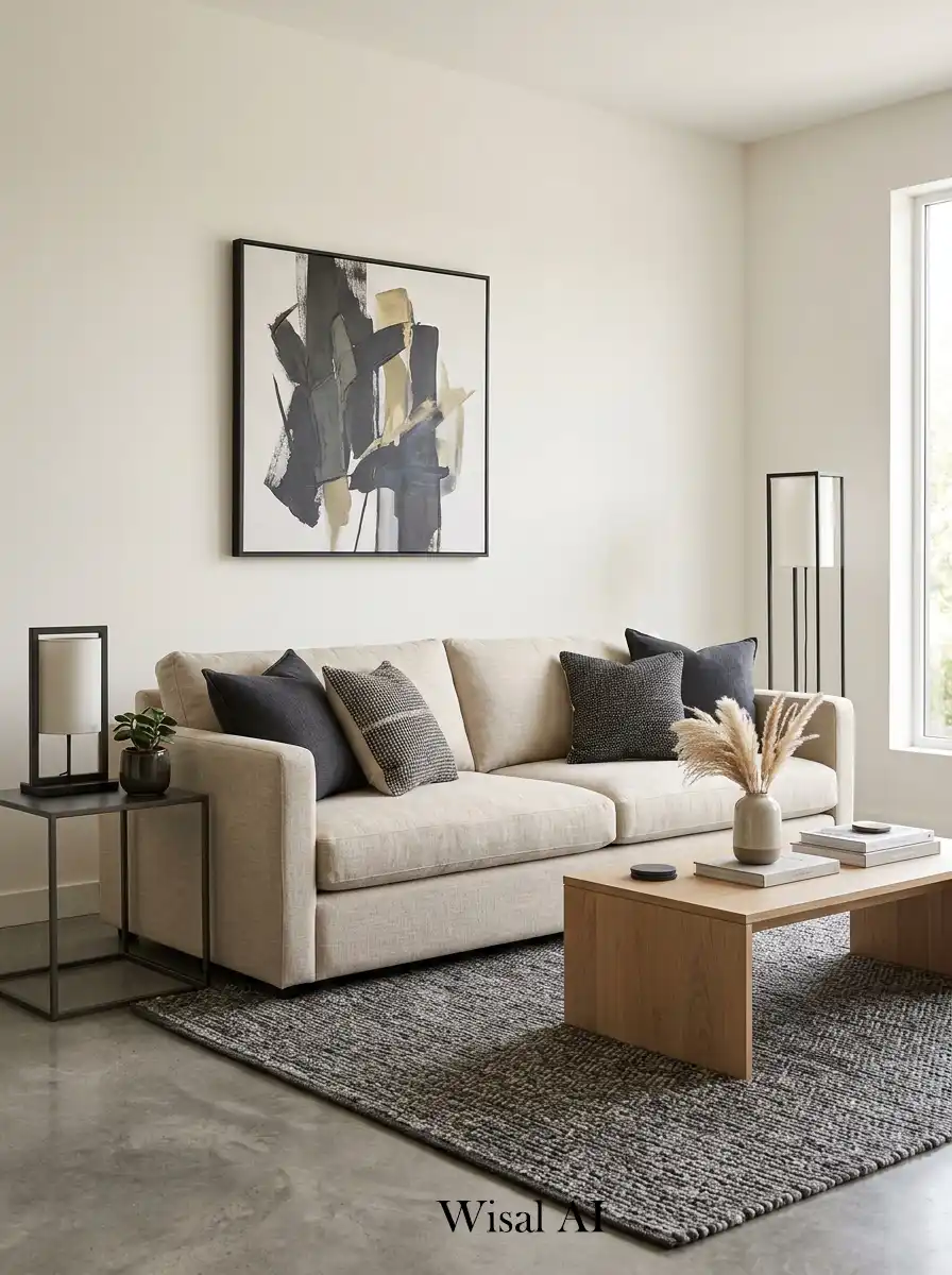 Elegant living room featuring beige linen sofa charcoal accents and cozy modern luxury interior atmosphere.