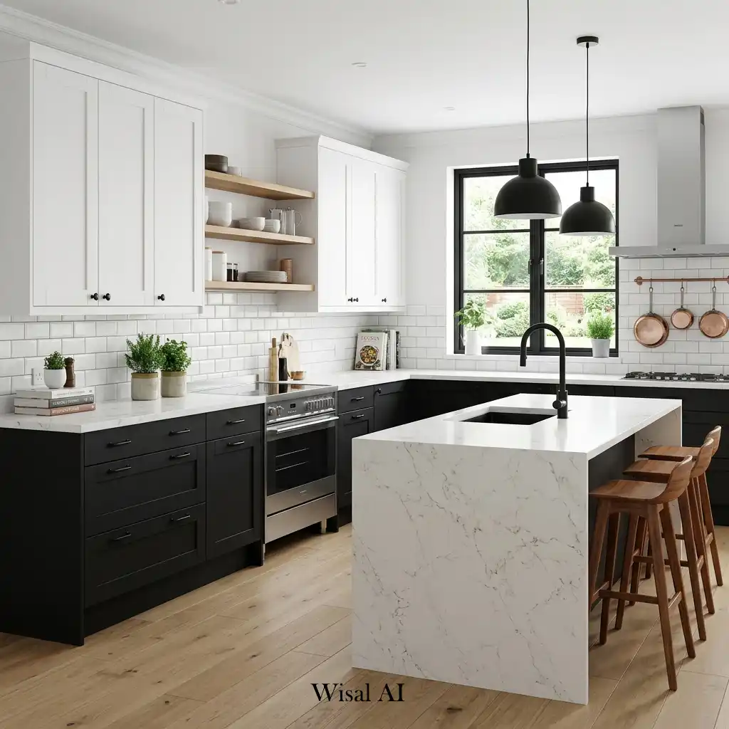 Modern black and white kitchen with bold contrasting cabinetry