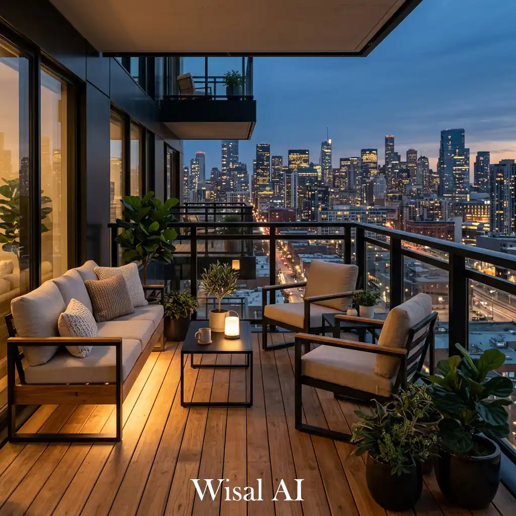 Stylish balcony combining black structural elements with natural wood flooring and warm neutral seating accents.