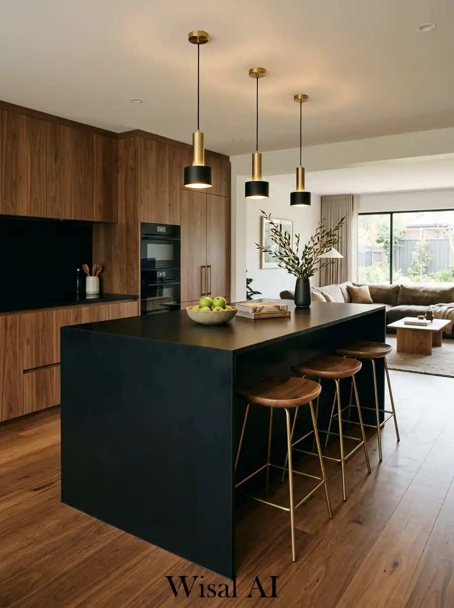 Modern kitchen featuring black island wooden frame accents and elegant warm luxury interior composition.