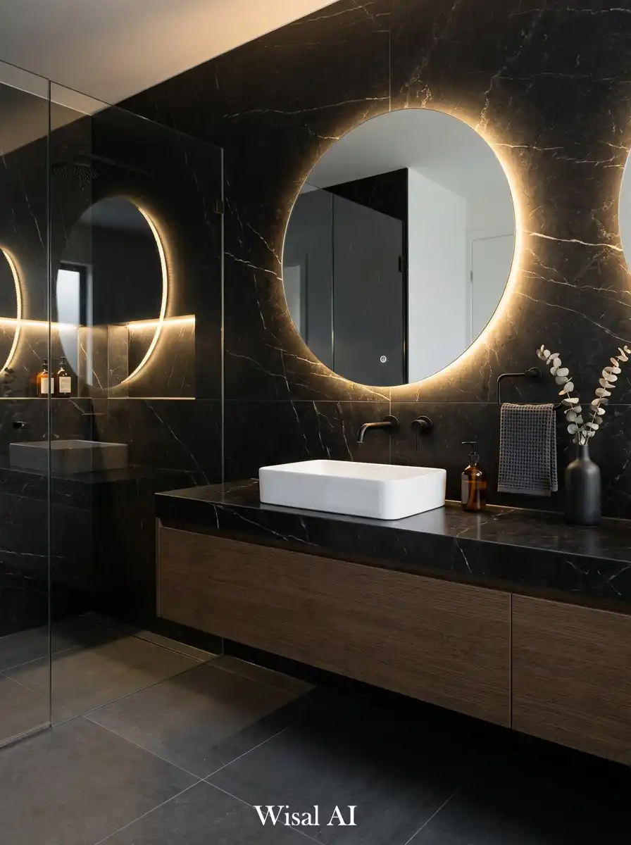 Elegant bathroom featuring black marble surfaces with soft natural veining and luxury modern style.