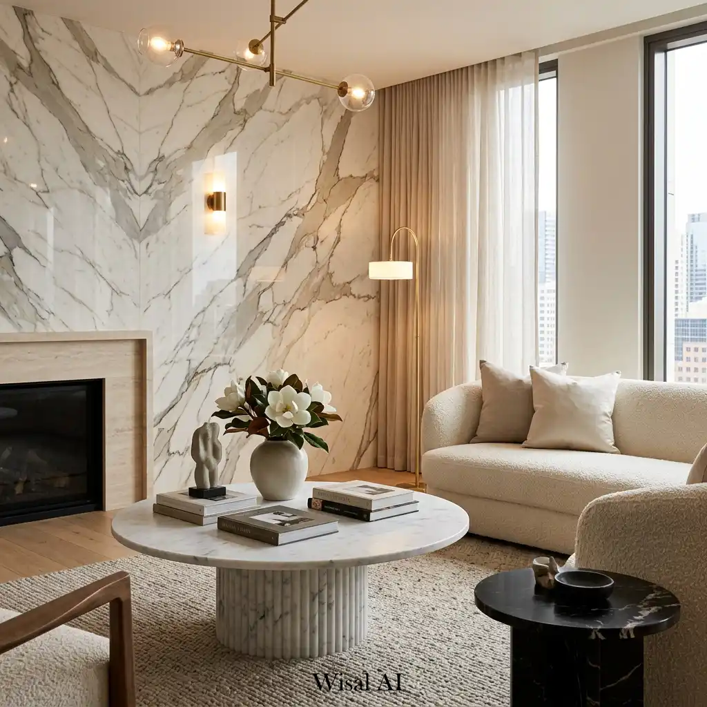 Elegant living room featuring marble accents and contemporary luxury styling