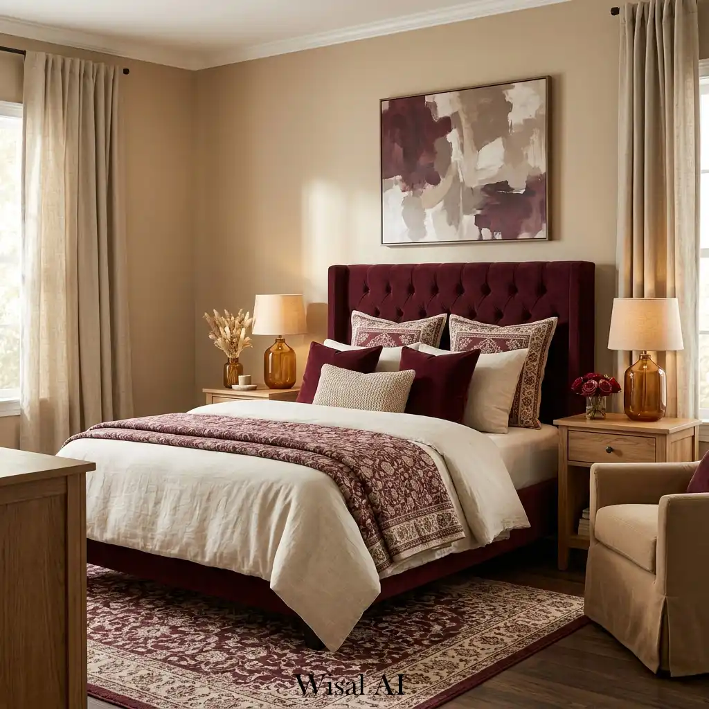 Romantic burgundy and beige bedroom with soft lighting and elegant decor