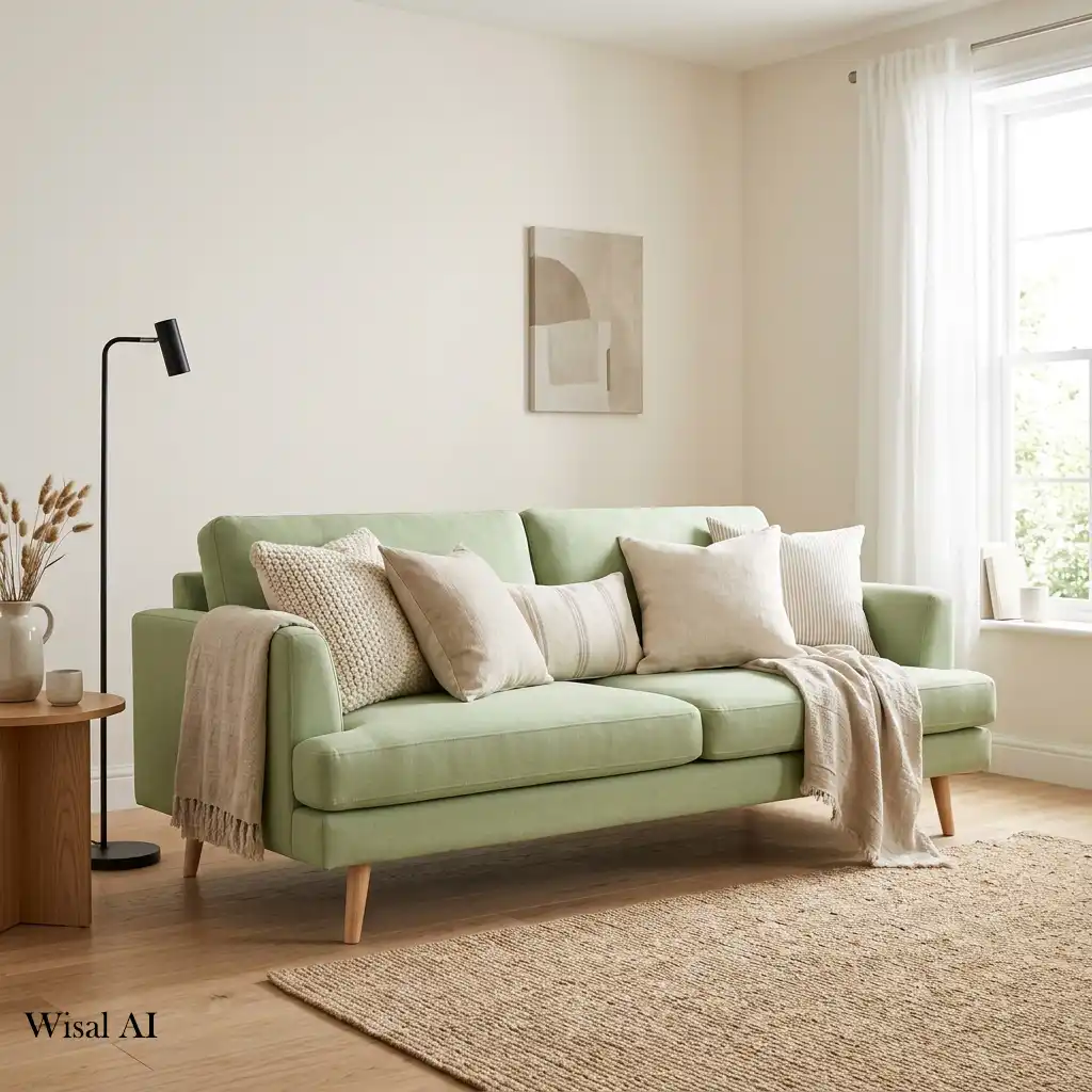 Pistachio green sofa styled with cream and beige textured pillows.