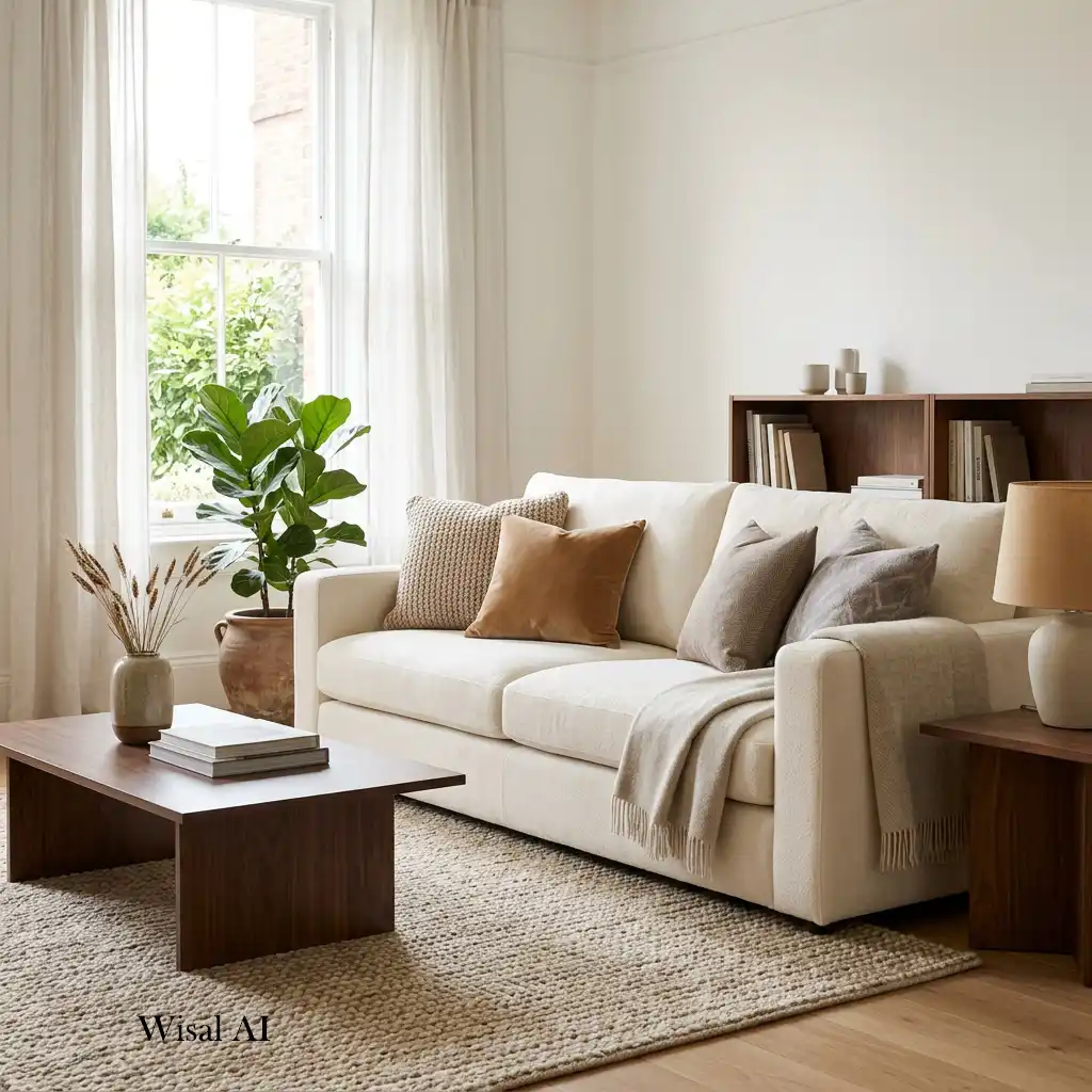 Elegant cream living room with rich walnut wood furniture.