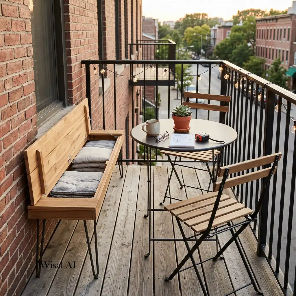 Compact balcony featuring perfectly sized furniture for a spacious and functional layout.