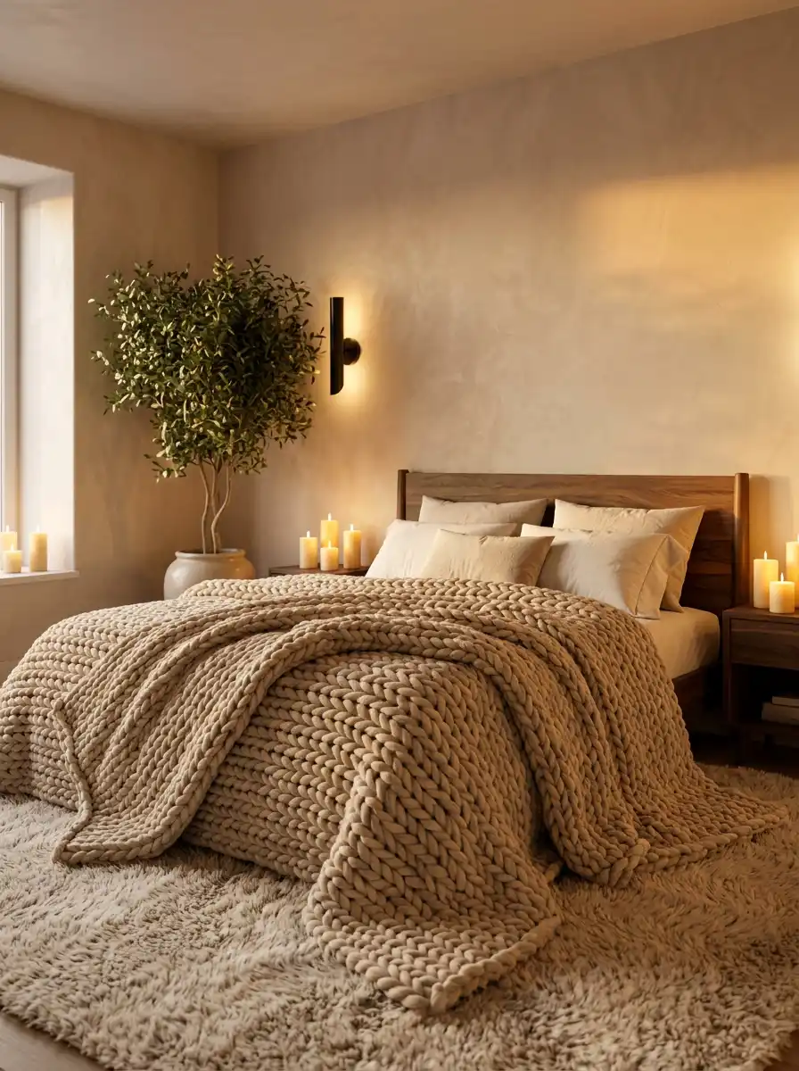 2. Chunky Knits and Soft Clay: A Romantic Modern Bedroom Escape