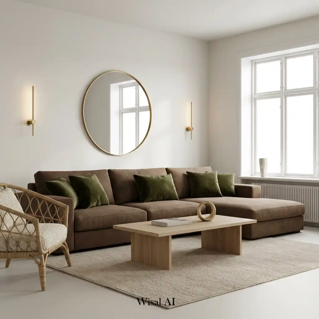Elegant living room with warm white walls and Mocha Mousse décor.