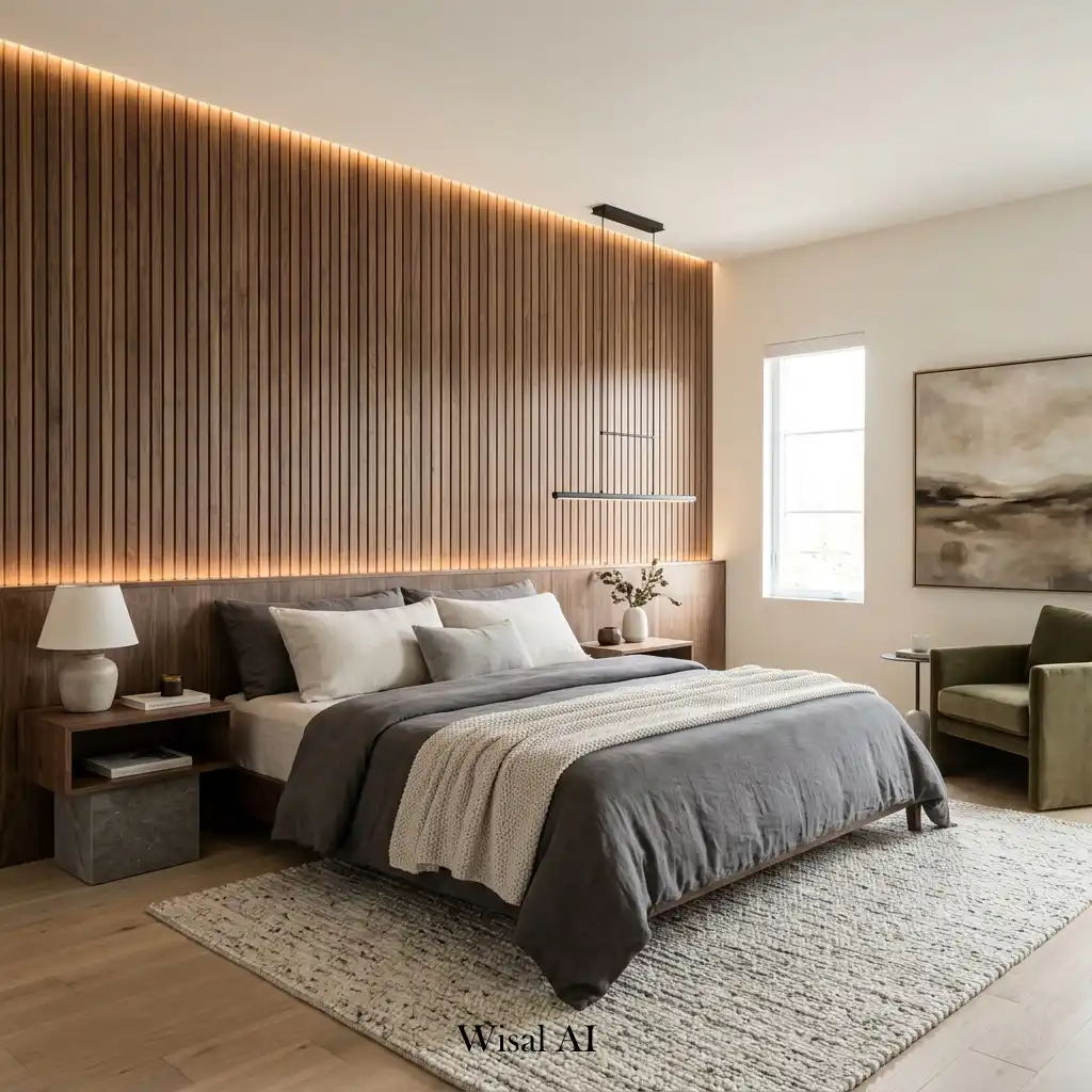 Modern bedroom featuring warm wood wall paneling and sophisticated design details