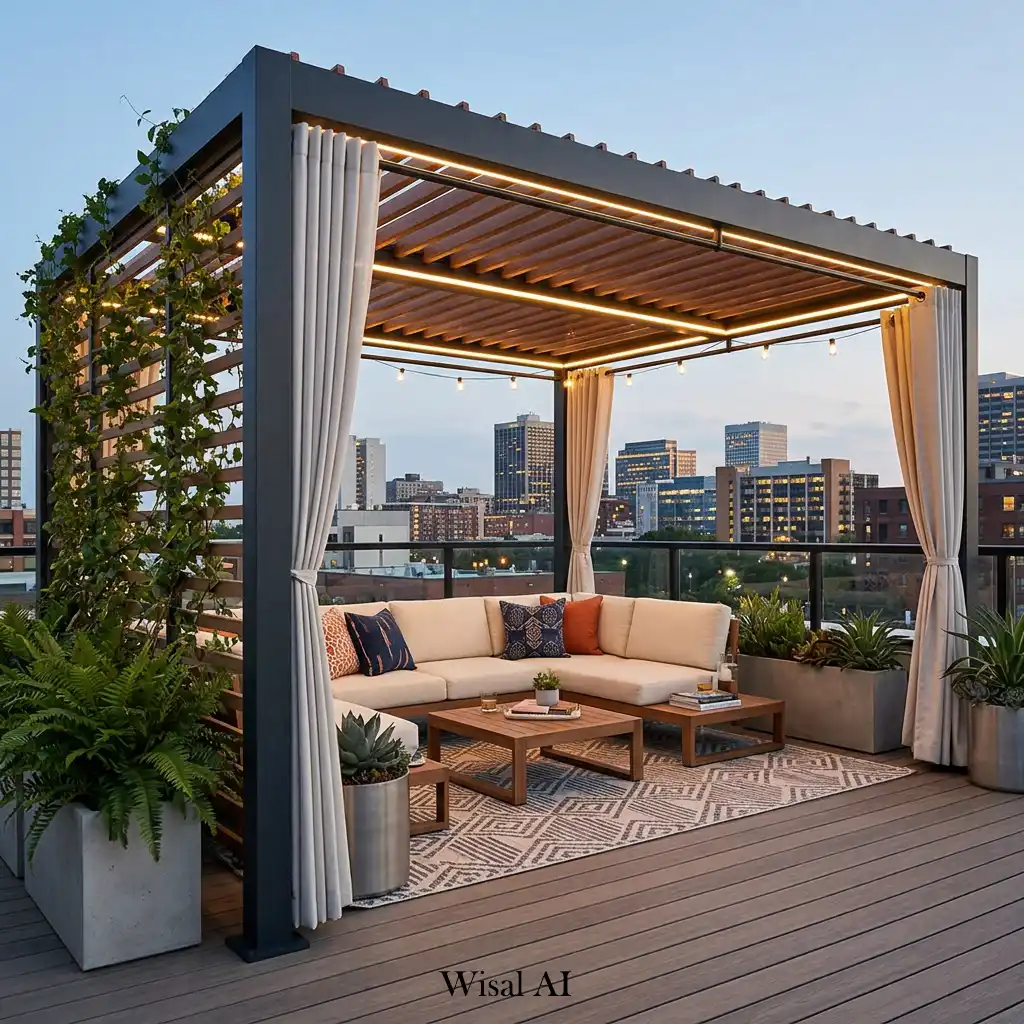 Contemporary rooftop terrace featuring a sleek pergola and comfortable outdoor furniture