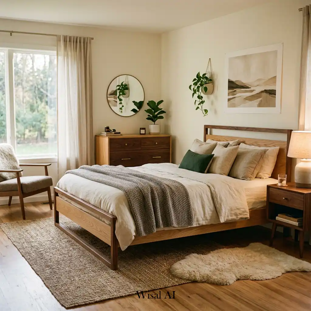 Cozy modern bedroom featuring warm wood furniture and natural finishes.