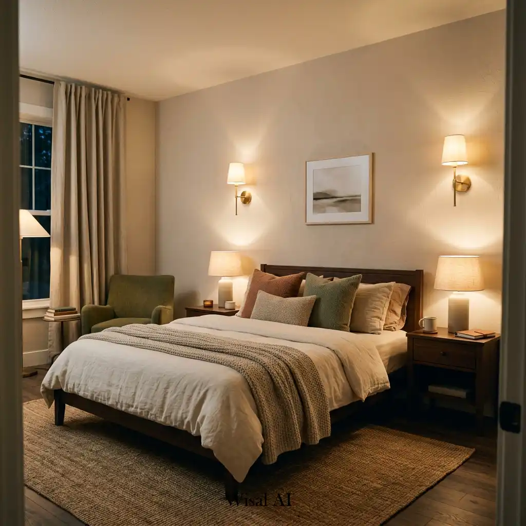 Cozy guest bedroom with warm ambient lighting and comfortable atmosphere.