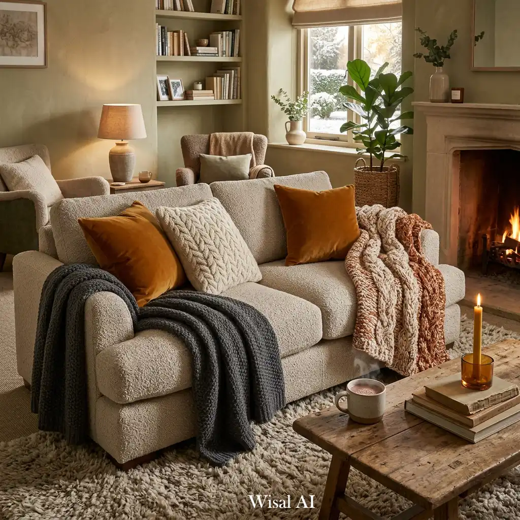Cozy textured sofa styled with winter throws and soft cushions.