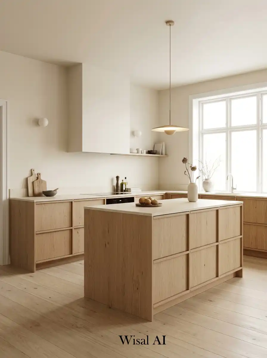 Minimal kitchen with cream tones and light oak wood elements for a warm organic modern design.