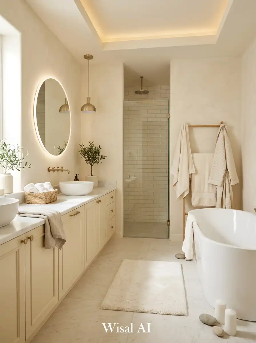 Elegant bathroom with cream and soft white tones creating a calm luxury spa environment.