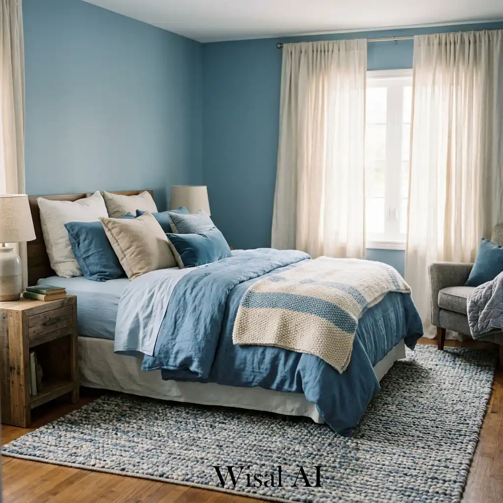 Cozy blue bedroom with layered bedding and warm textures
