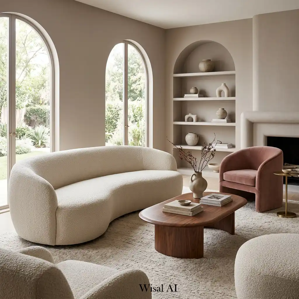 Curved living room sofa with soft organic silhouettes