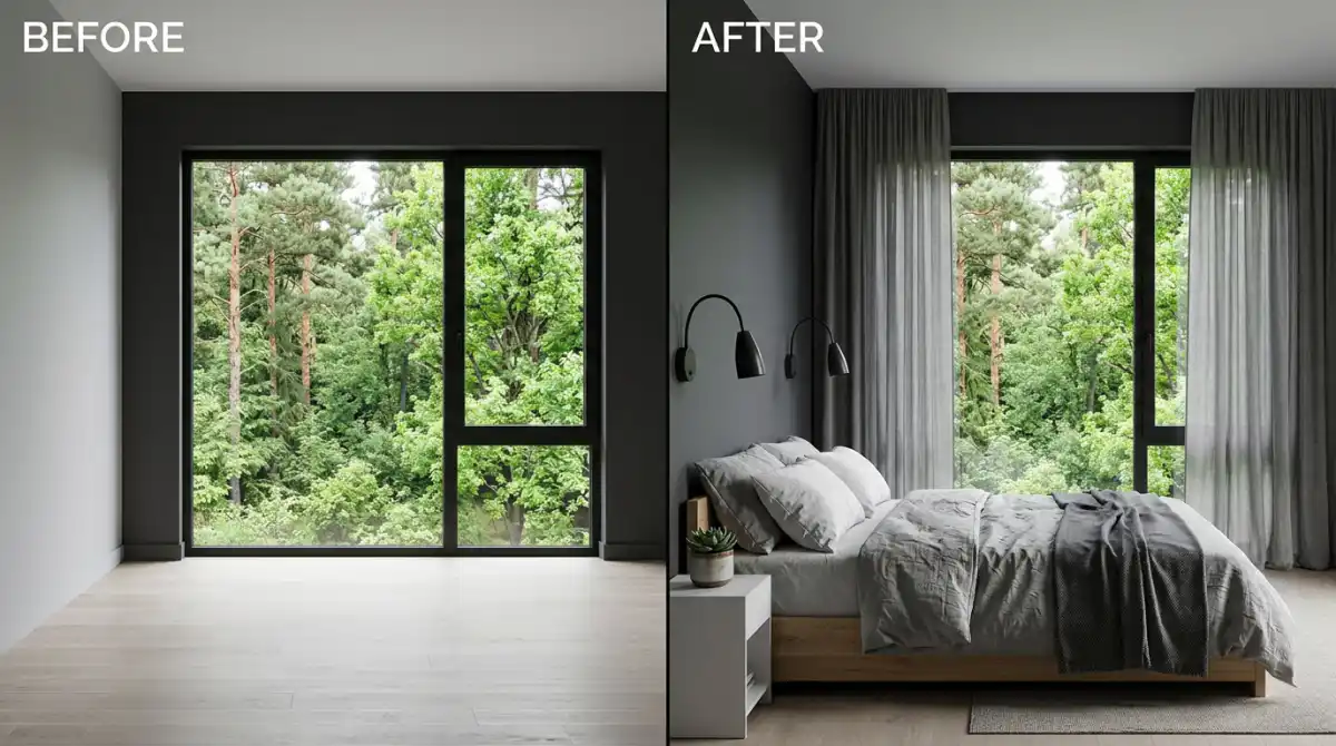 2. Dark Luxe Modernist Forest Retreat: Before and After