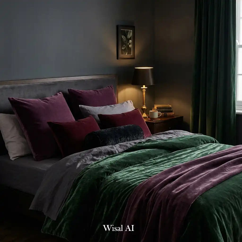 Dark moody bedroom featuring luxurious velvet bedding in rich autumn tones.