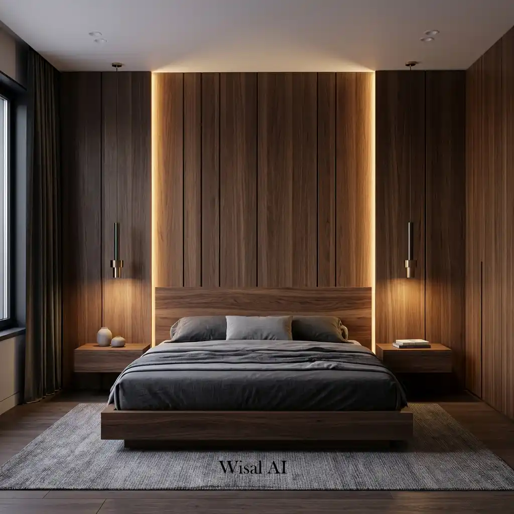 Floor-to-ceiling dark wood wall panels behind a luxury bedroom bed.