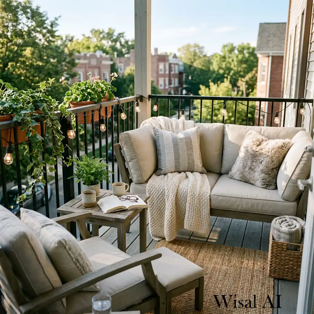 Cozy balcony lounge with comfortable seating and soft cushions