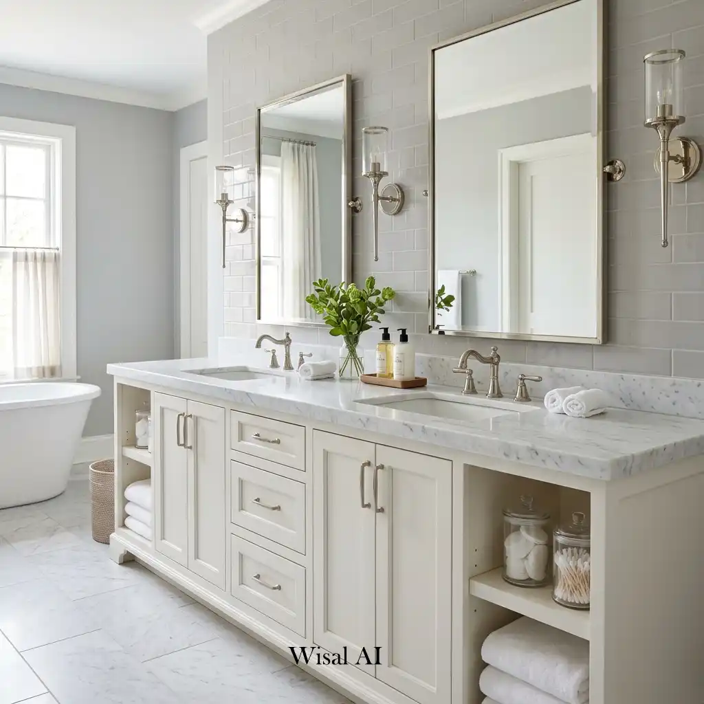 Double-sink marble bathroom vanity with custom wood cabinetry in a luxury bathroom.