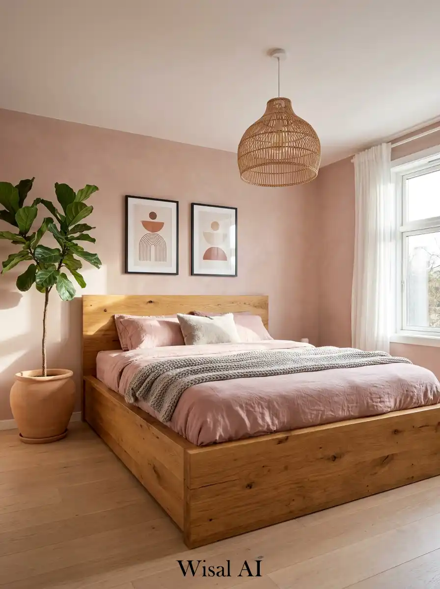 12. Nordic Warmth: Dusty Pink Bedroom Idea with Organic Wood