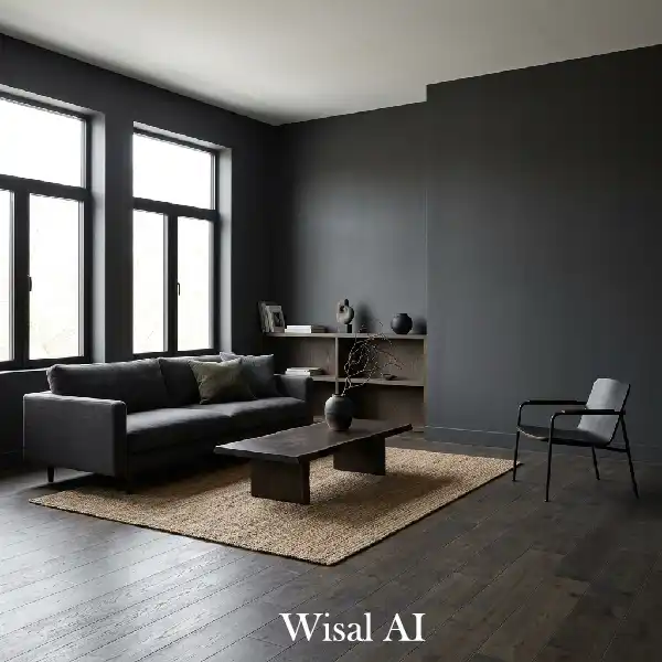 Calm minimalist living room with dark wood and neutral tones