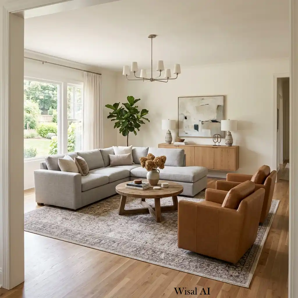 Modern living room with a floating sofa layout creating an open and inviting space.