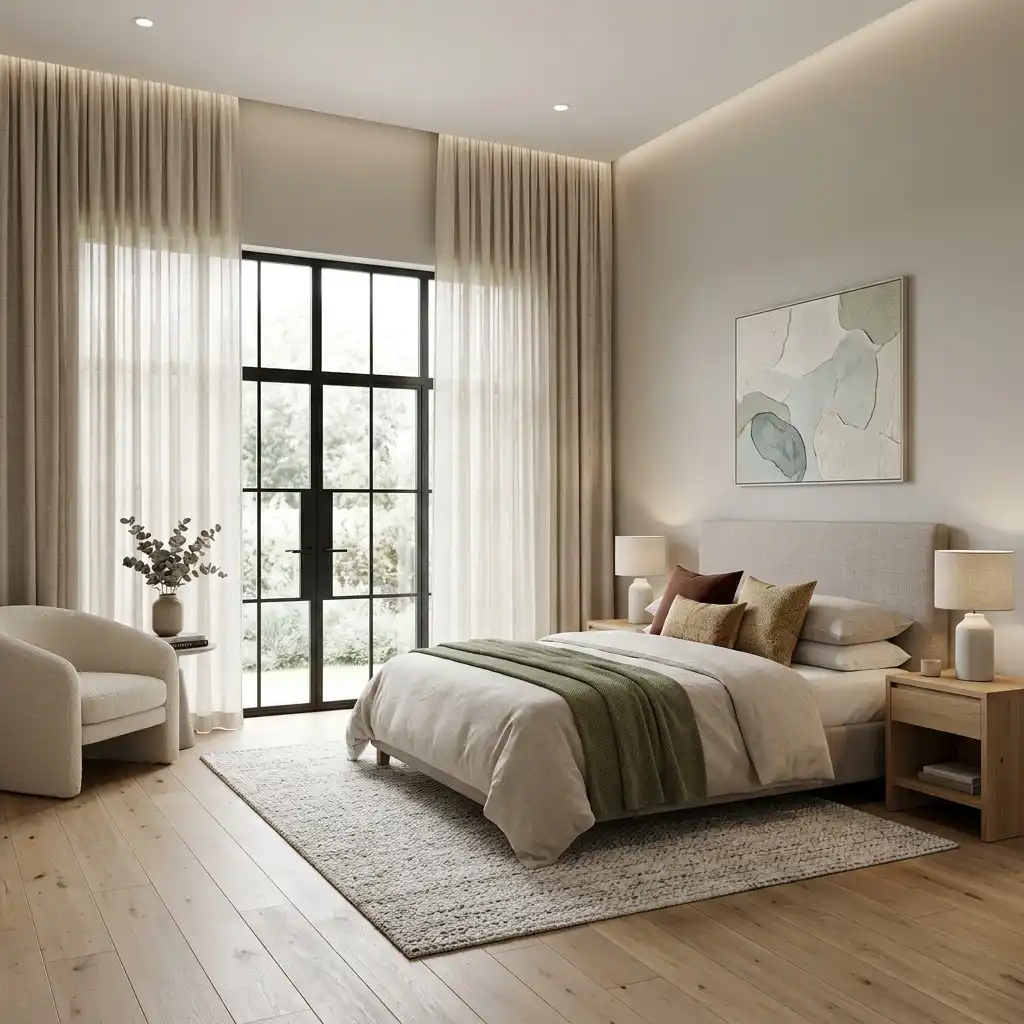 Master bedroom with floor-to-ceiling curtains and soft natural light