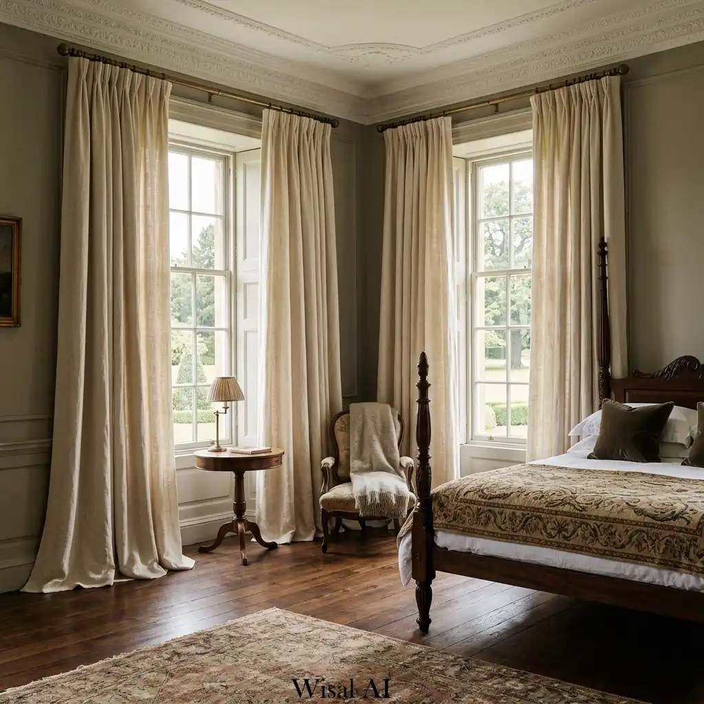 Floor to ceiling drapery in elegant European bedroom