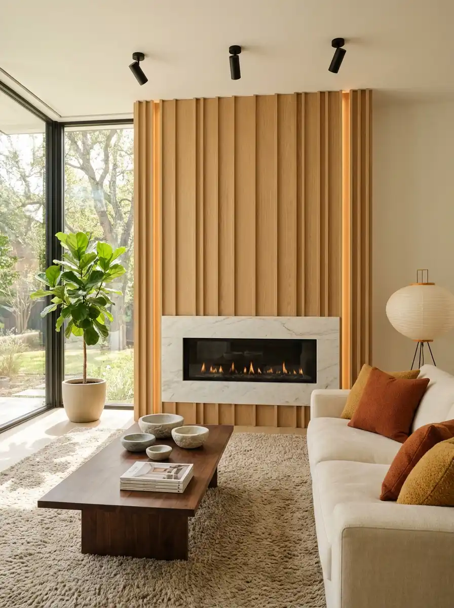 2. Fluted Timber and Sun-Drenched Tranquility: A Stunning Living Room Idea