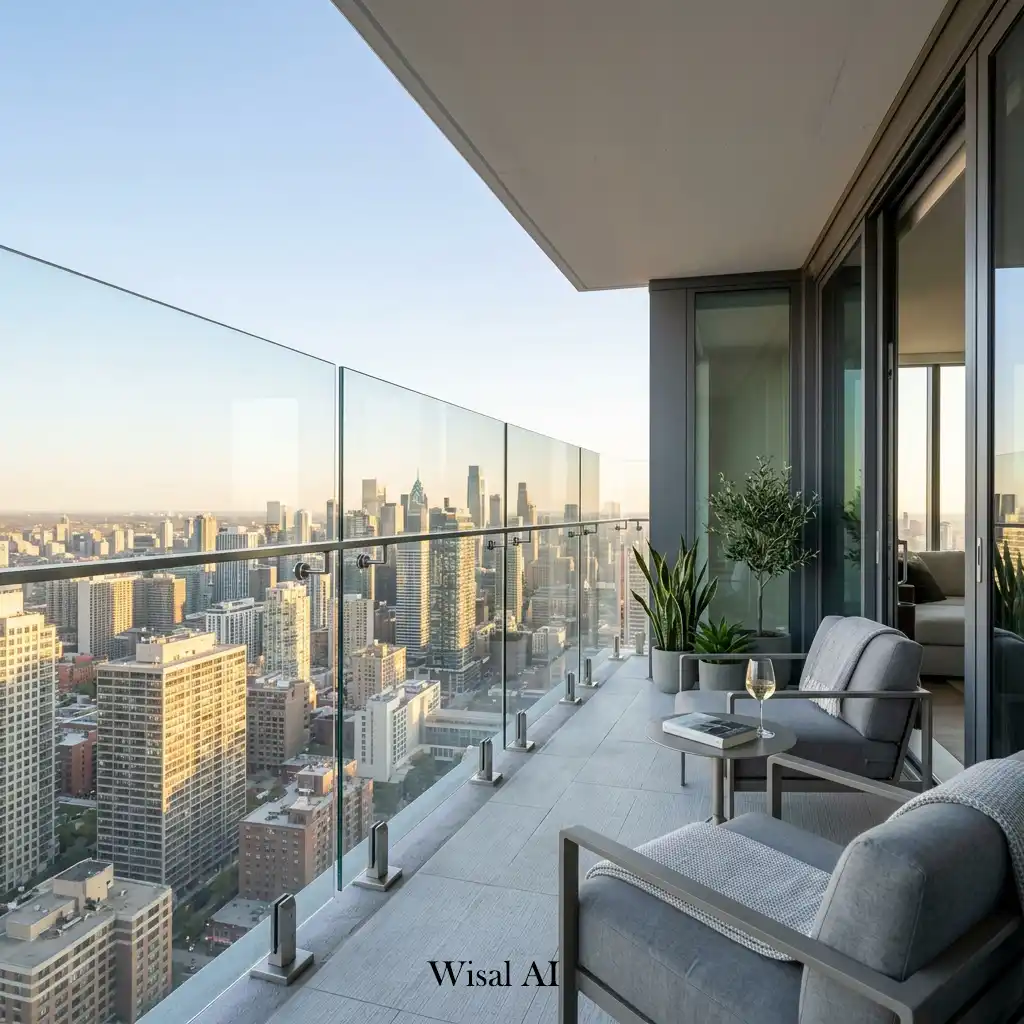 Contemporary balcony with frameless glass railings and panoramic city views
