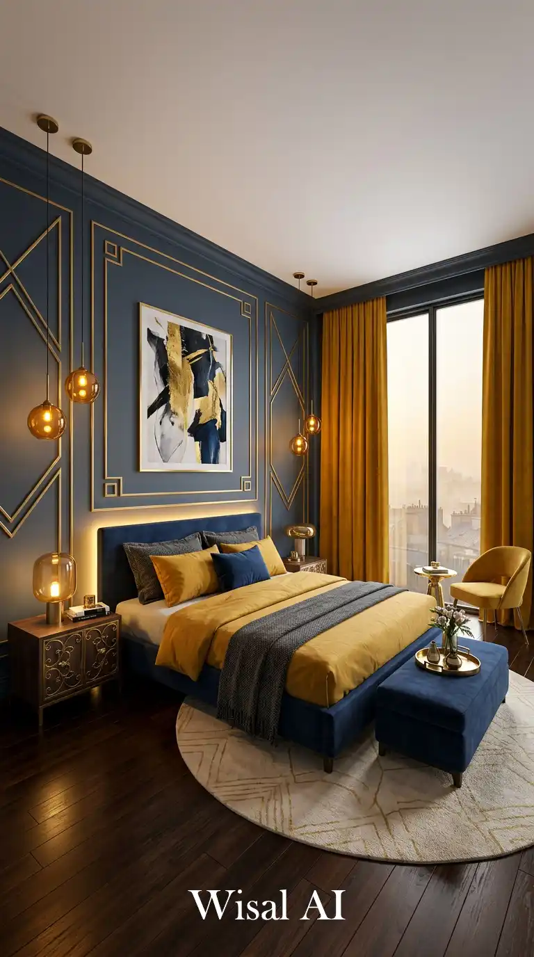 2.Golden Hour Elegance: The Ultimate Blue and Yellow Bedroom Idea