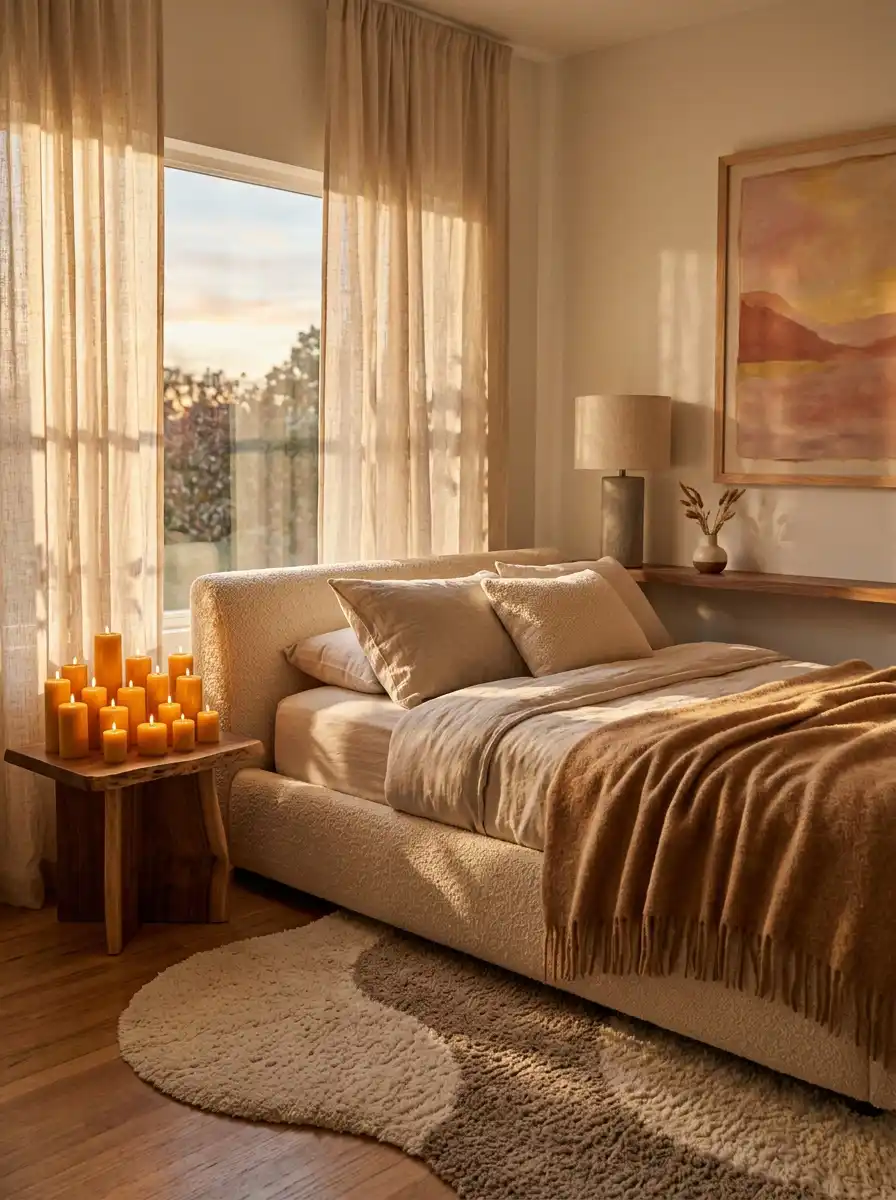 22.Golden Hour Glow and Contemporary Warmth: A Cozy Bedroom Idea