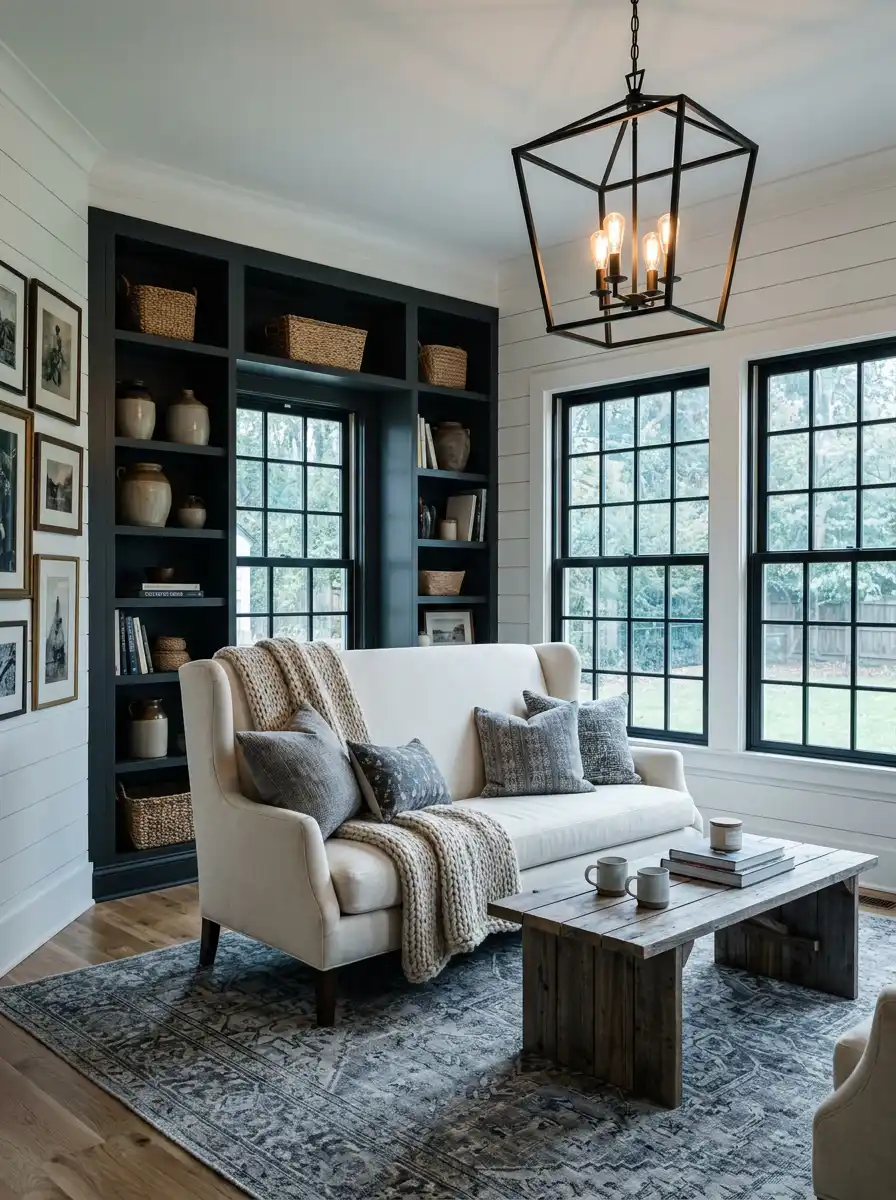 2. Industrial Symphony Farmhouse Living Room