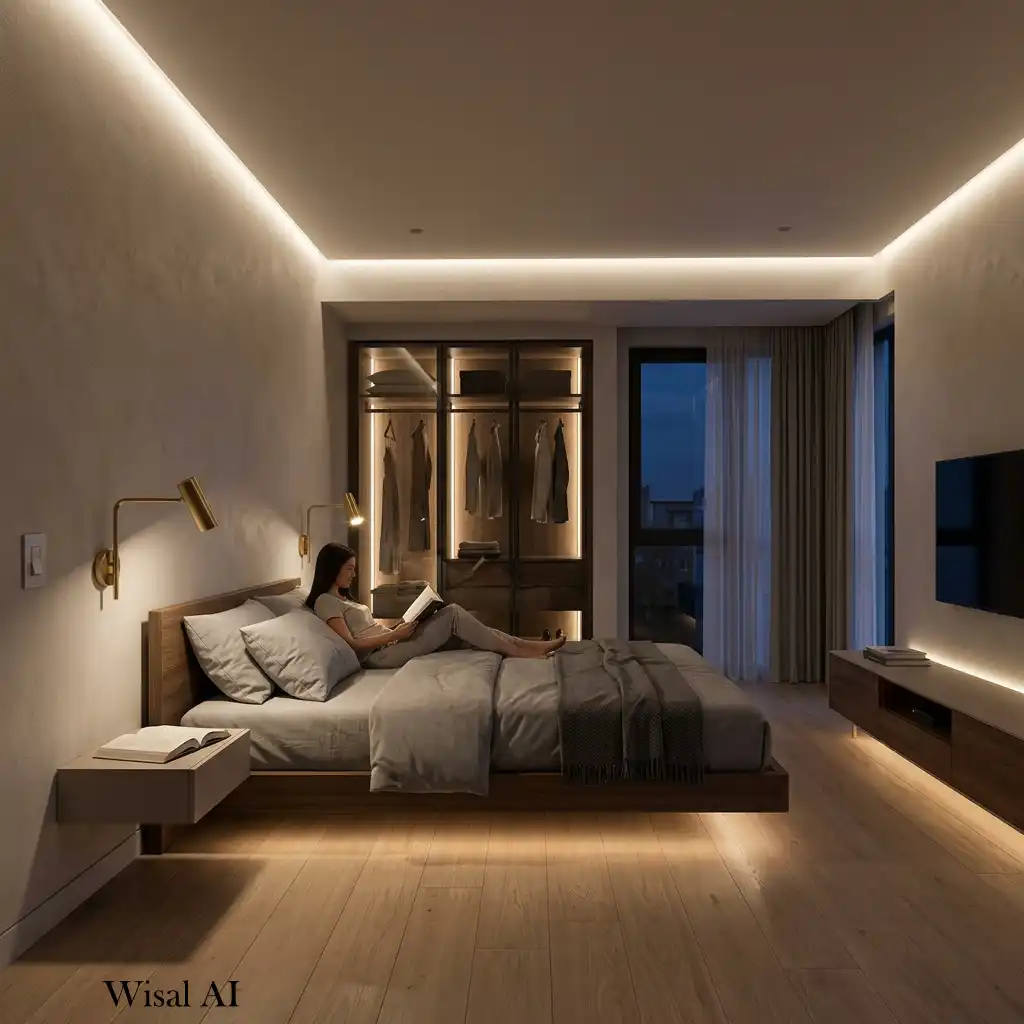 Modern bedroom with layered lighting including sconces, pendants, and ceiling lights.