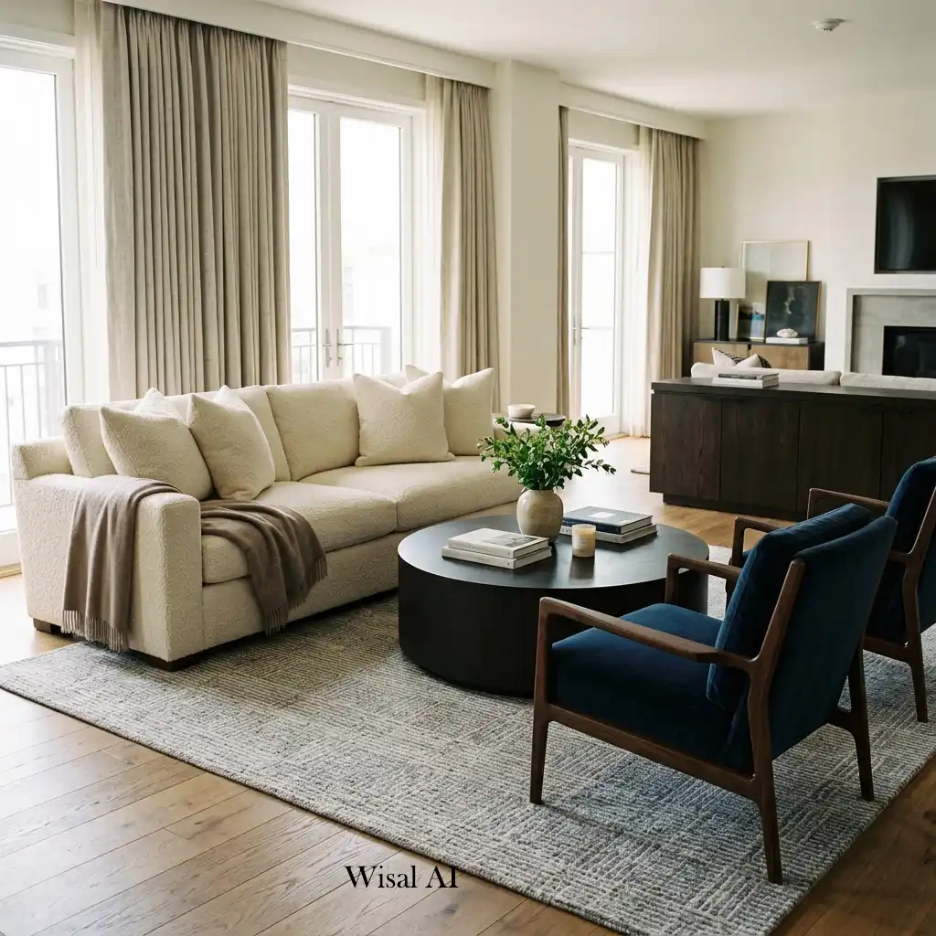 Comfortable living room with a plush sofa and stylish accent chairs.